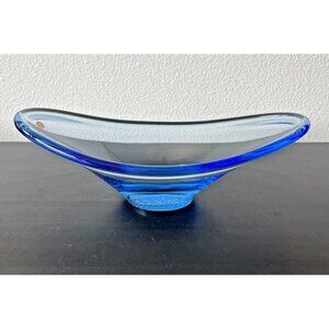 Blue Free Form MCM Glass Bowl with Controlled Bubbles Made in Sweden Label VTG